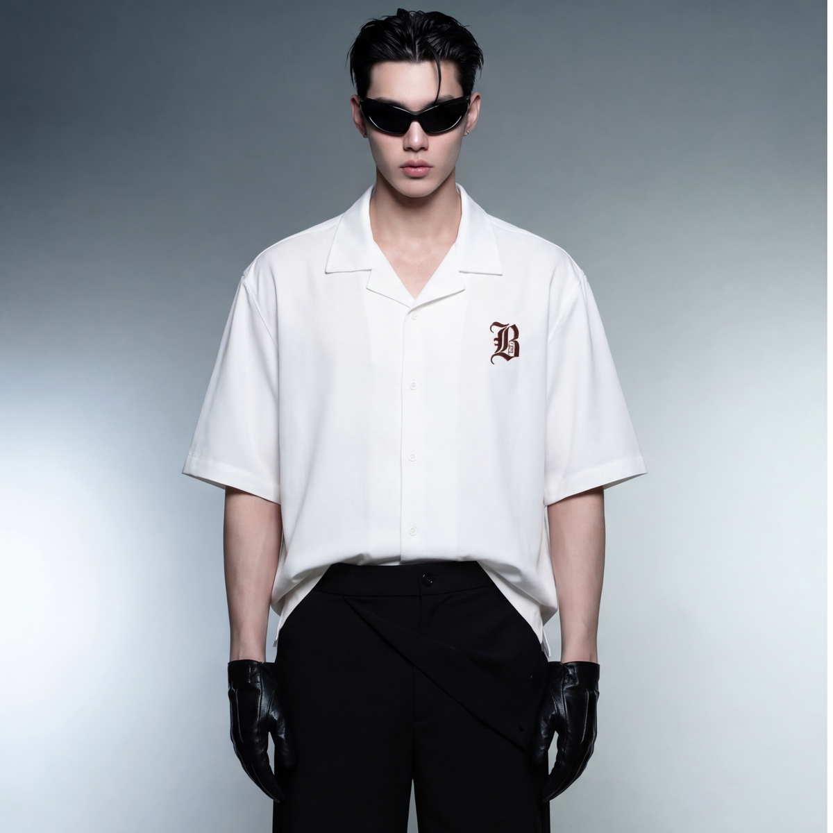 brown-cross-blacklist-white-bowling-shirt model front