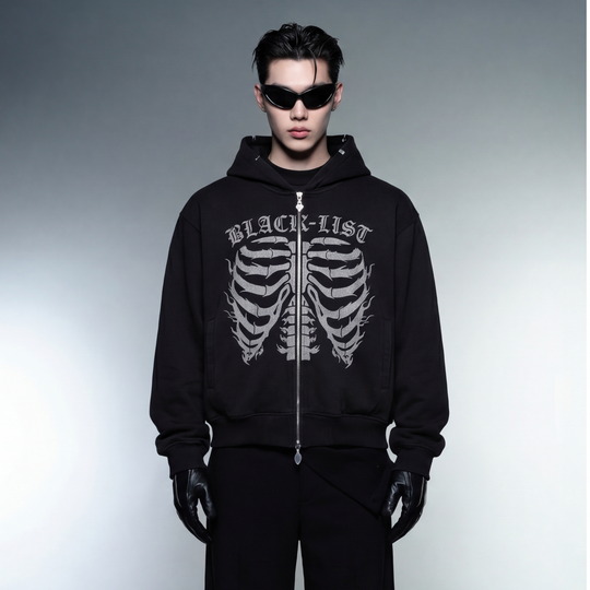 CHROME BLACK OVERSIZED SKELETON HOODED JACKET