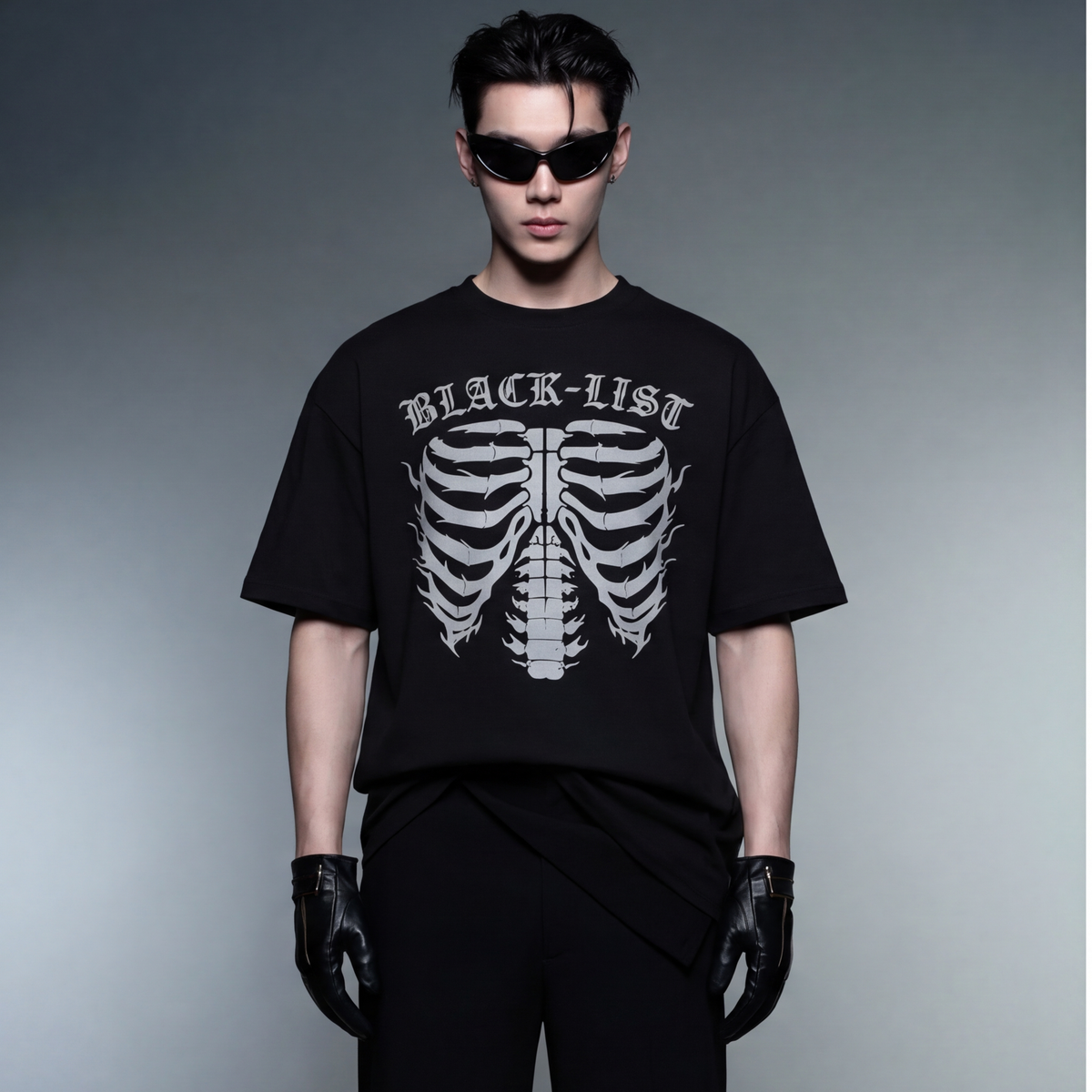 chrome-black-oversized-sketeton-t-shirt model front