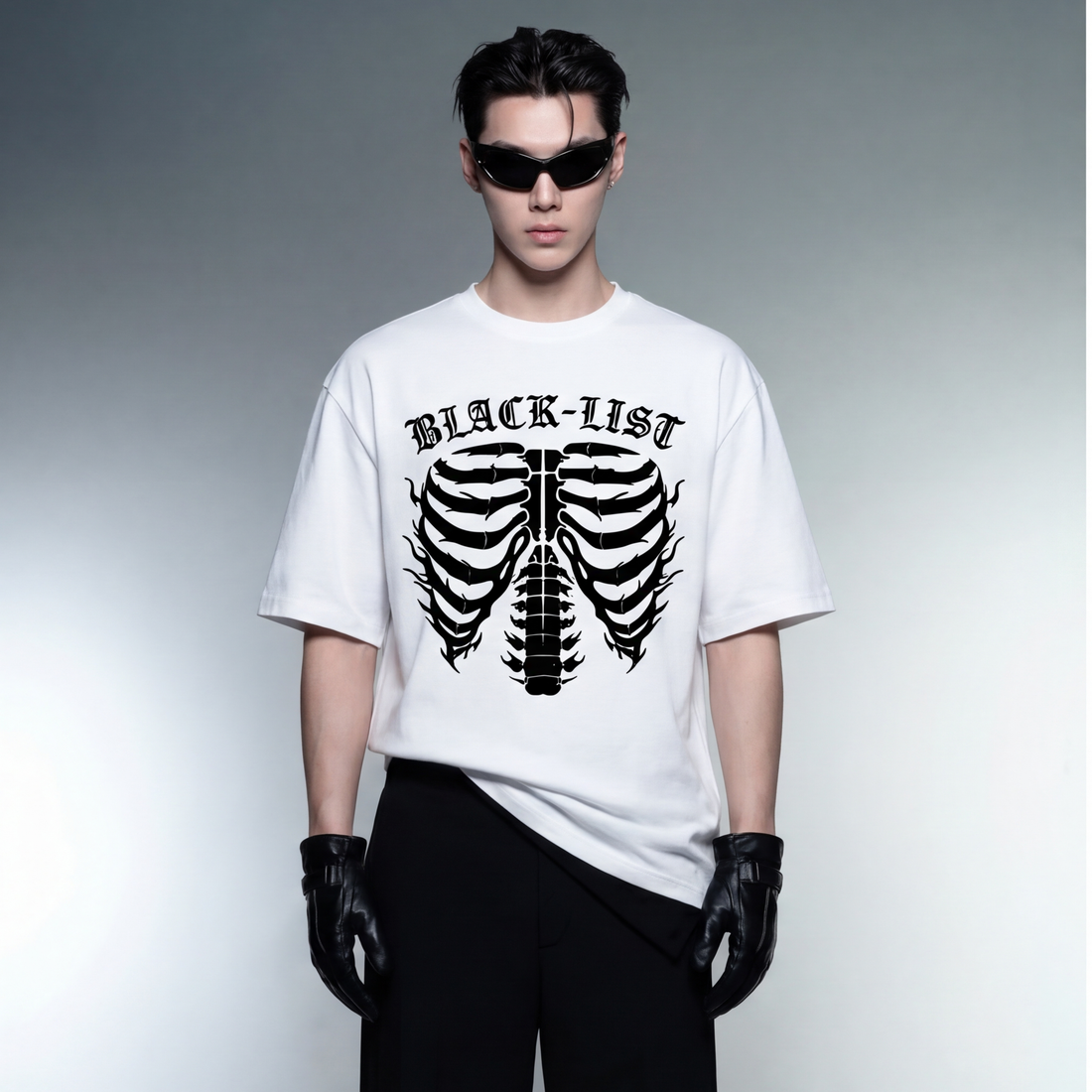 chrome-white-oversized-sketeton-t-shirt model front