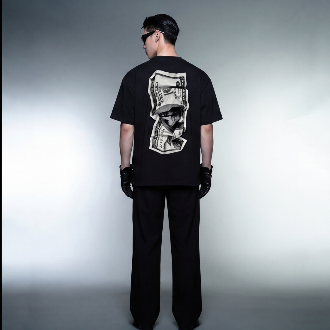 dollar-bills-black-t-shirt model back