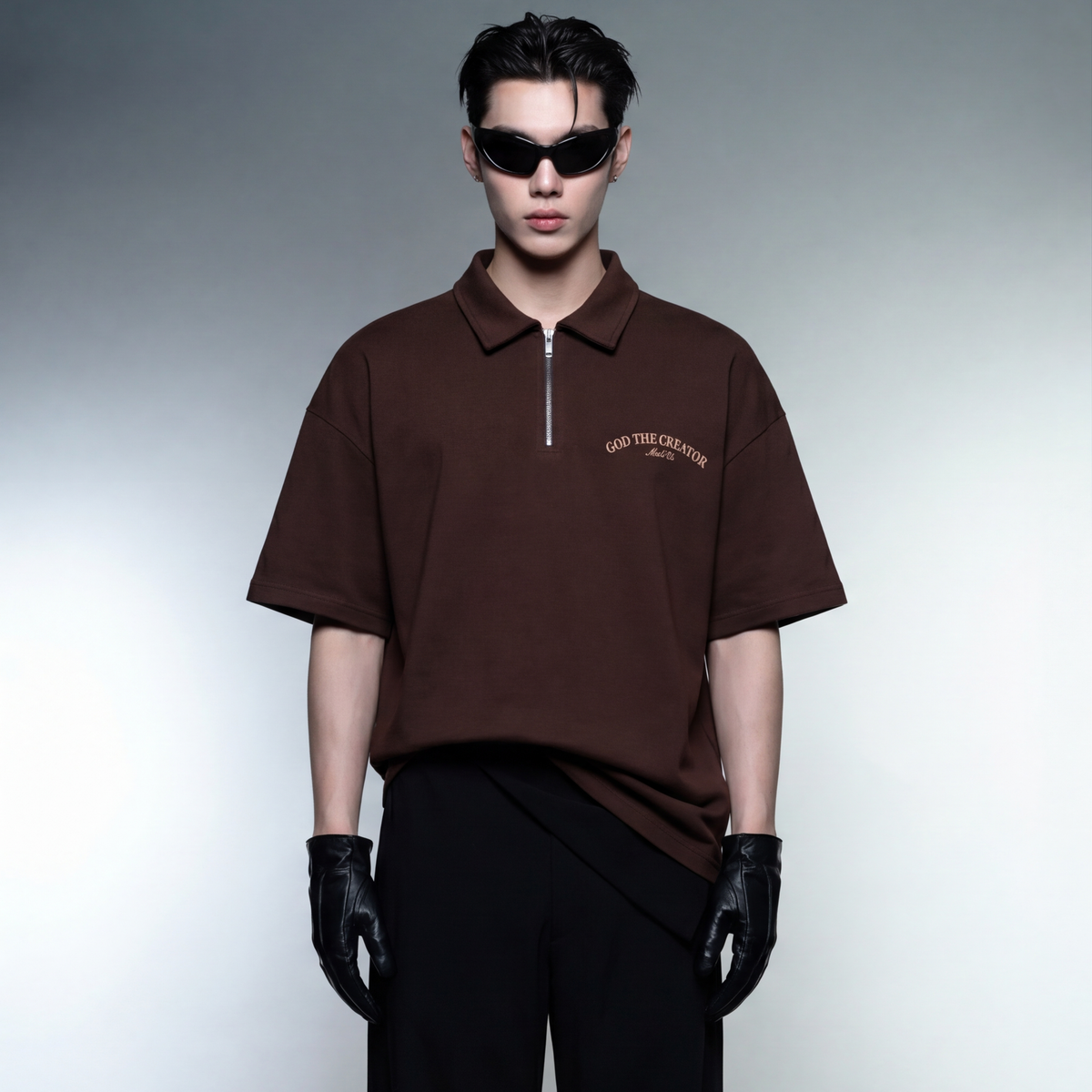 heaven-made-brown-oversized-quarter-zip-t-shirt model front