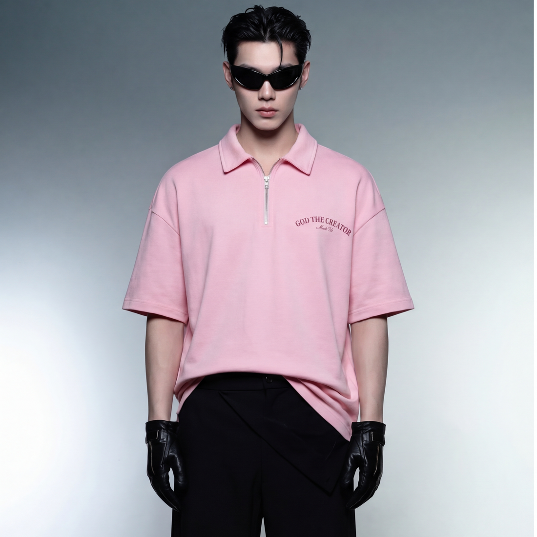 heaven-made-pink-oversized-quarter-zip-t-shirt model front