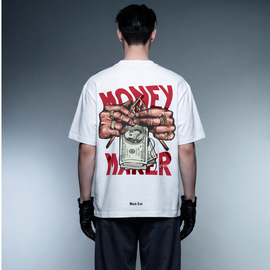 money-maker-blacklist-white-t-shirt model back