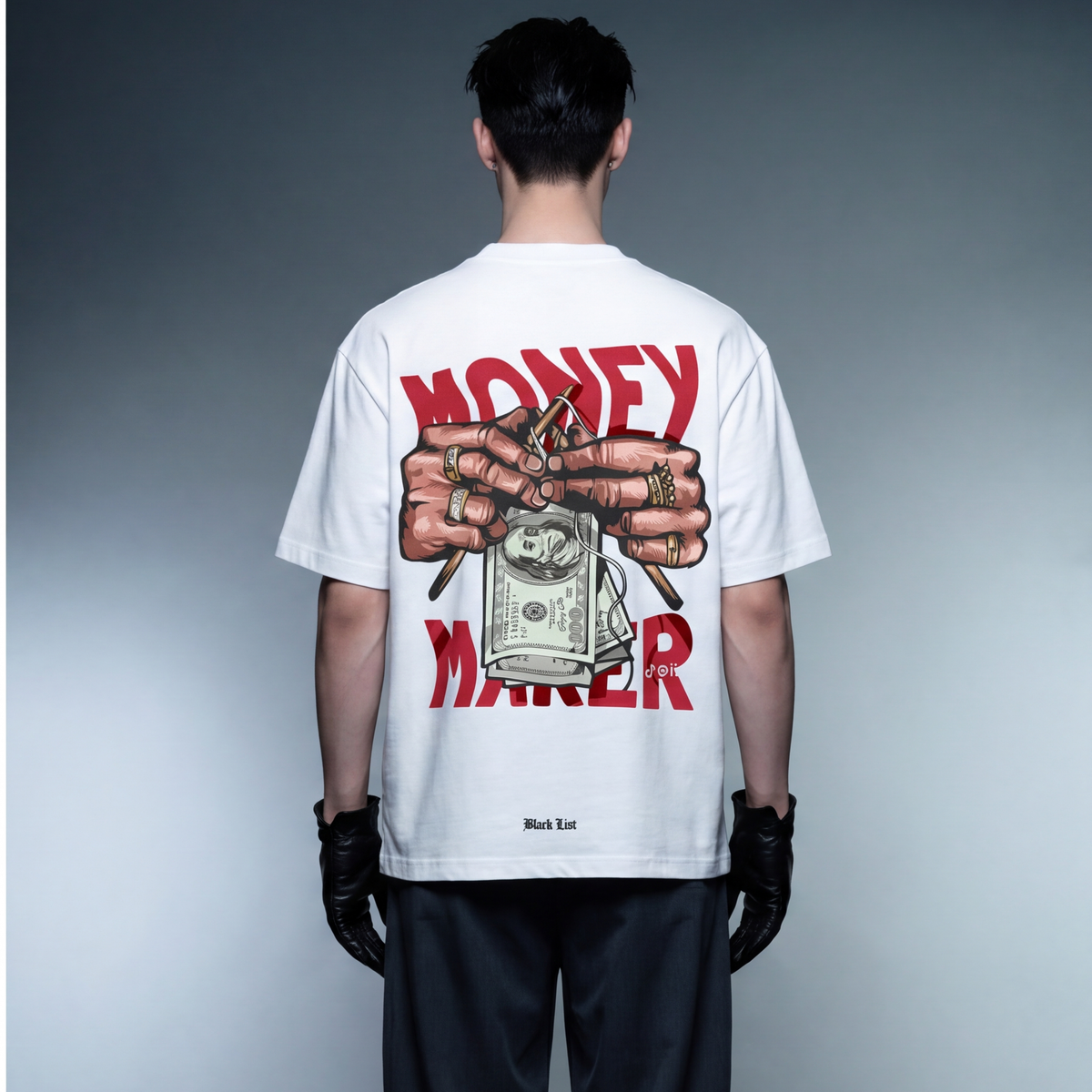 money-maker-blacklist-white-t-shirt model back