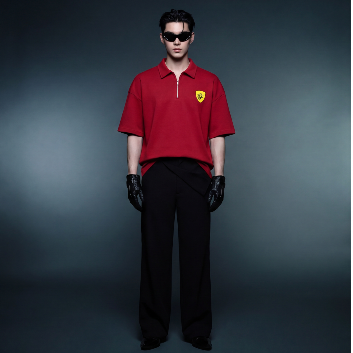 my-sex-life-is-like-ferrari-red-oversized-quarter-zip-t-shirt model front
