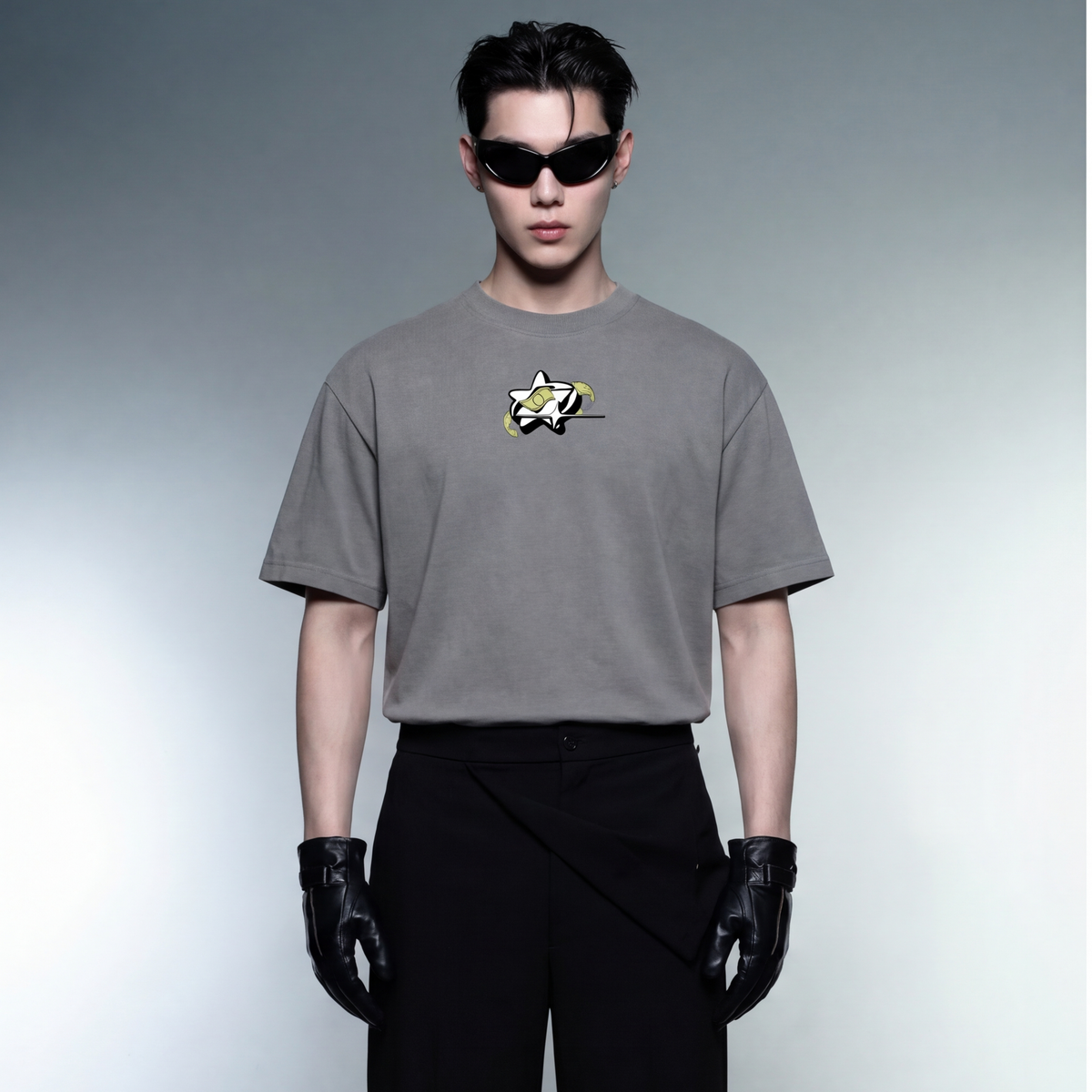 no-risk-no-profit-gray-t-shirt model front