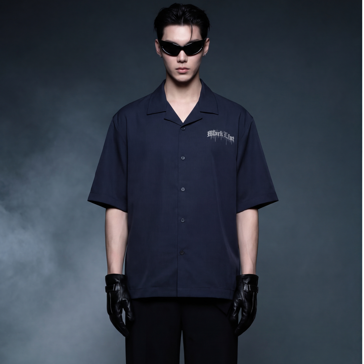 saint-cross-blacklist-navy-bowling-shirt model front
