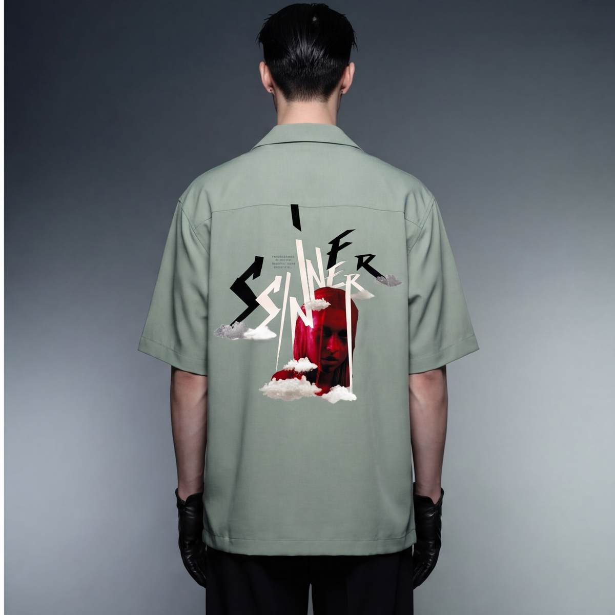 sinner-blacklist-sage-green-t-shirt model back