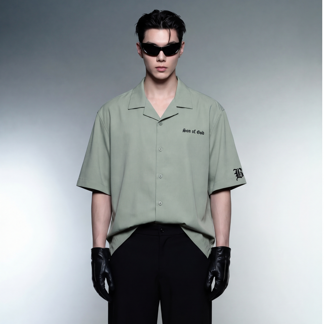 son-of-god-blacklist-sage-green-bowling-shirt model front