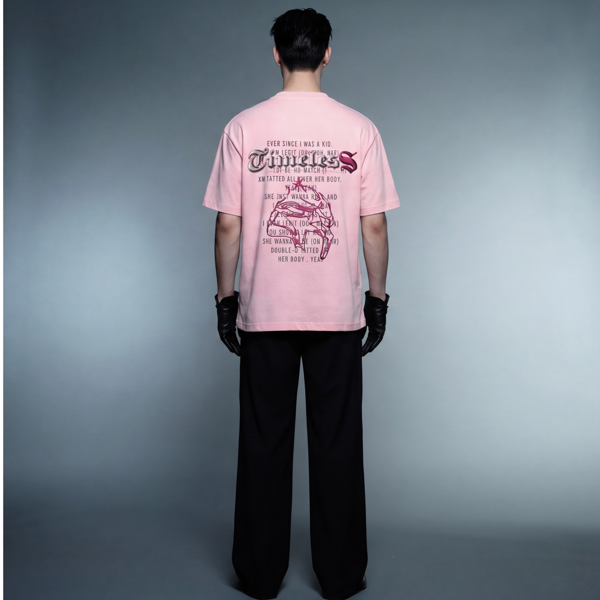 timeless-blacklist-pink-t-shirt model back